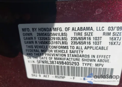 2009 Honda Odyssey Ex-L z USA, uszkodzony, nr VIN 5FNRL38749B405293